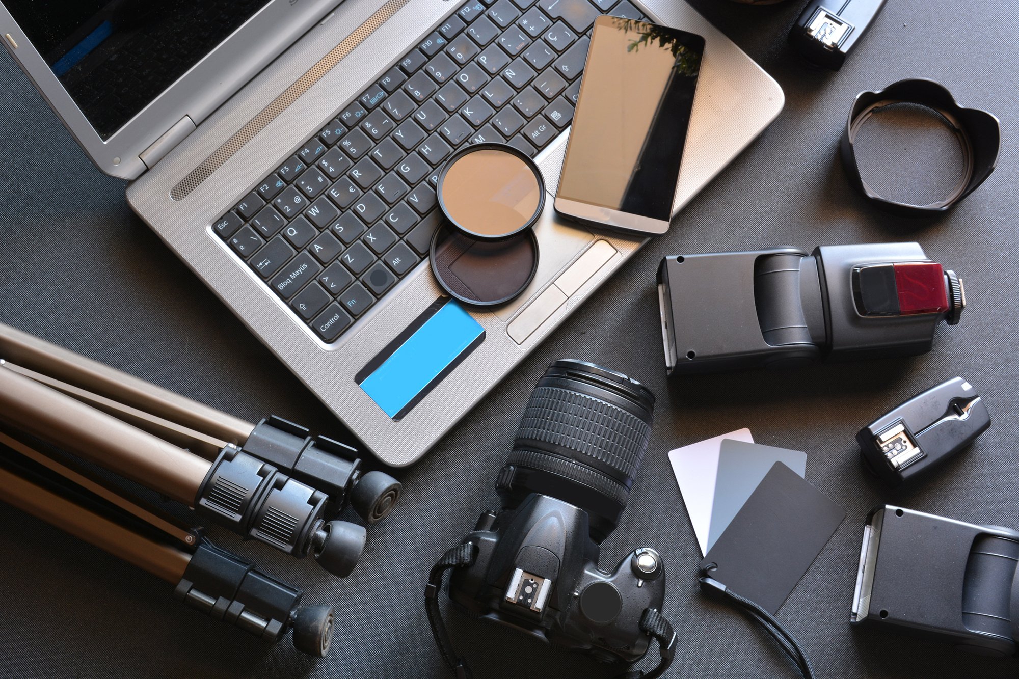 Top down image of Photography Equipment on table