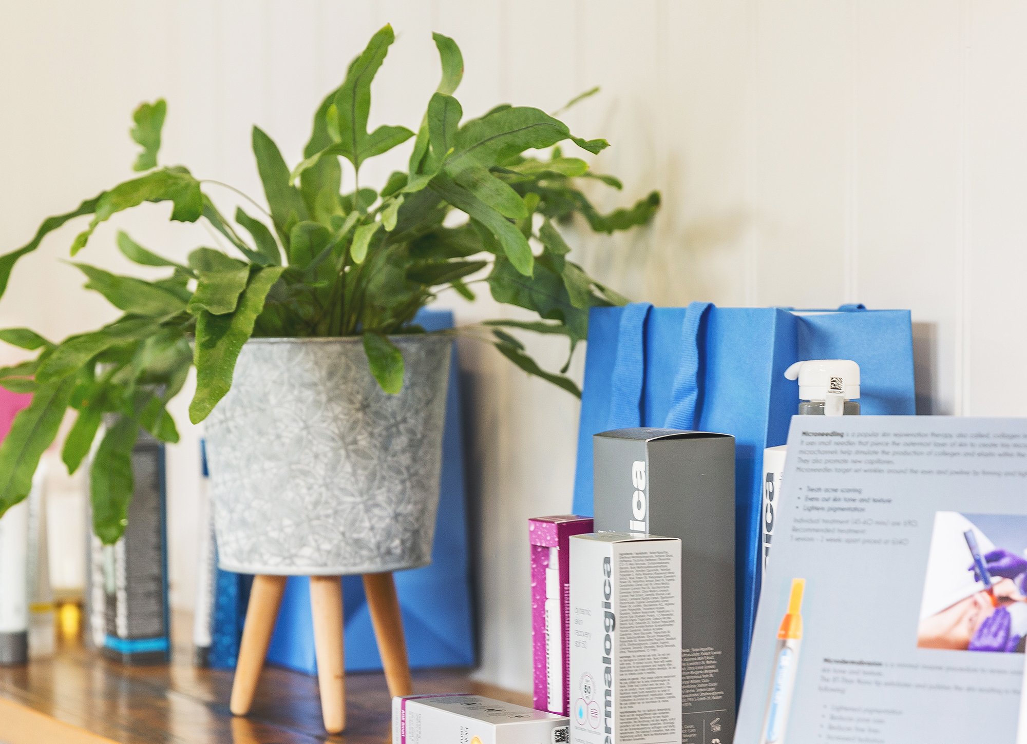 Close up of beauty products and plant inside Garden Room Therapy Studio