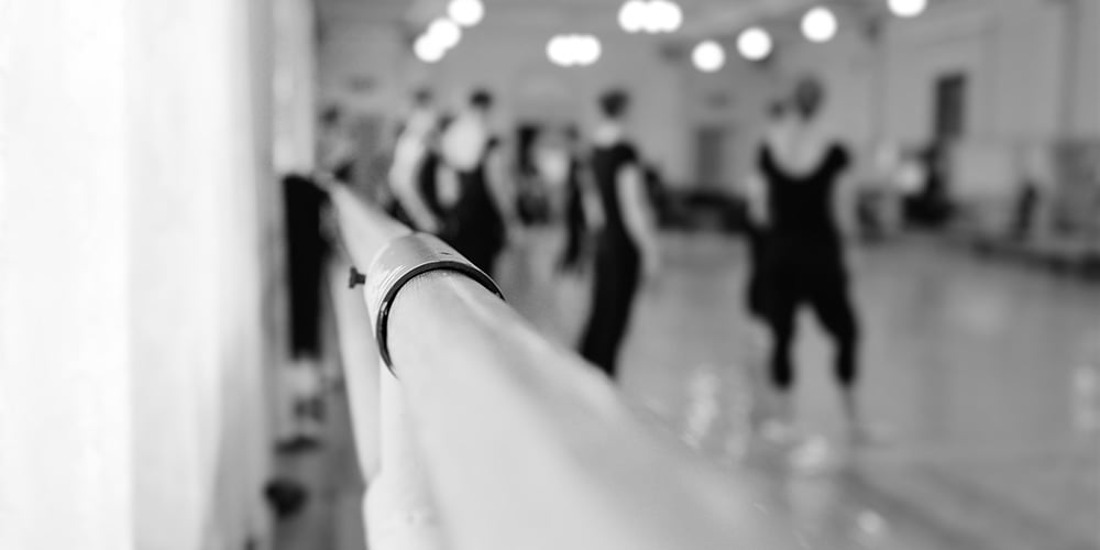 Interior of a garden room dance studio in black & white