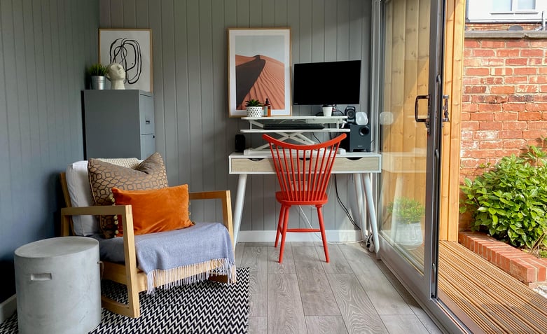 Interior of a small stylish garden office pod