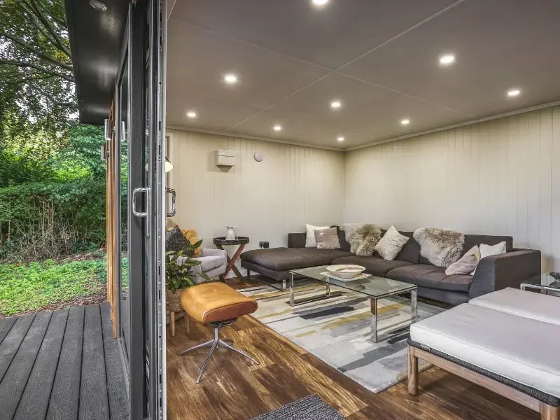 rustic, woodland-themed garden building. a multifunctional outdoor space