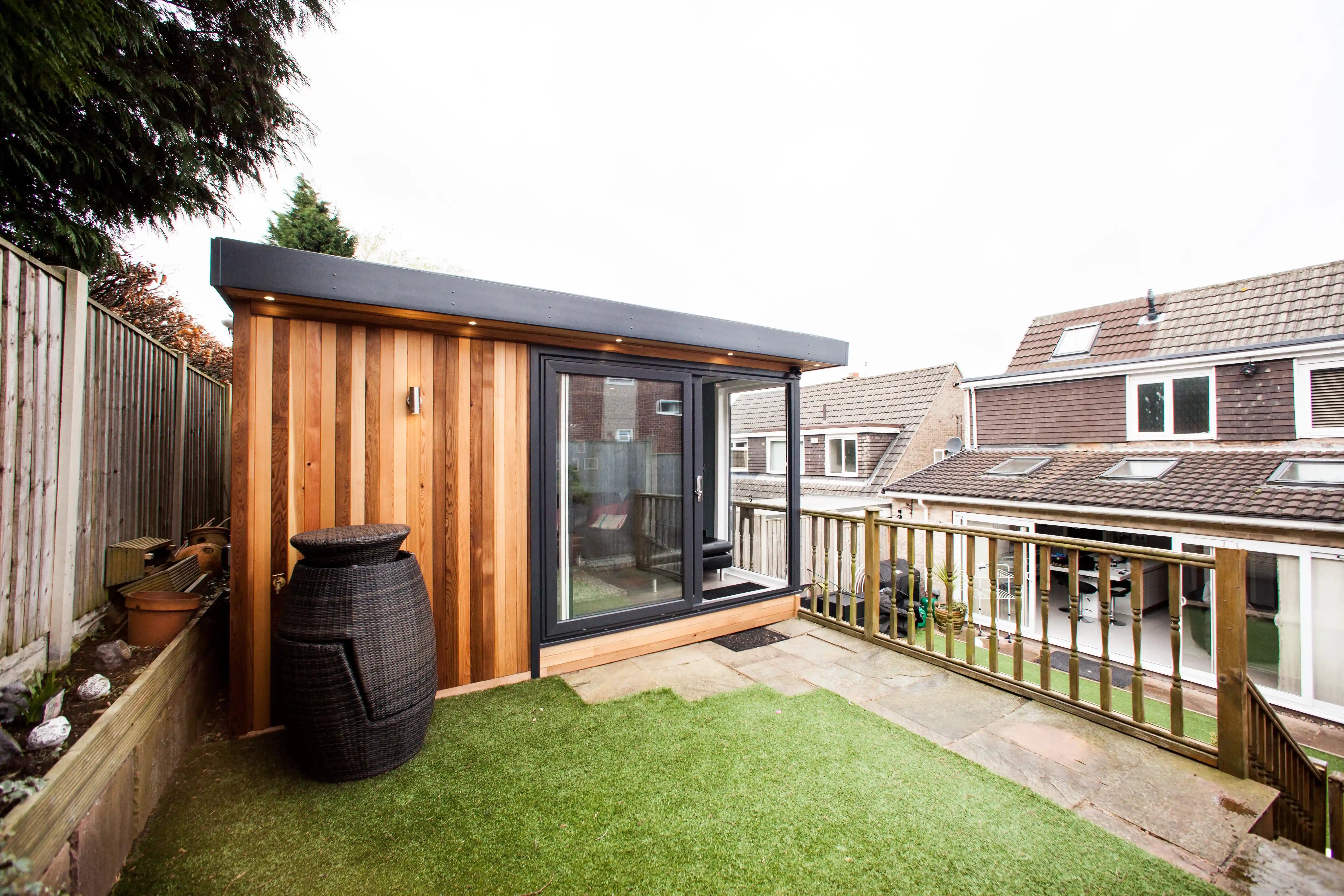 Cabin Master Cedar Garden Building Extra Room Summerhouse with ornamental pot and grassy area 