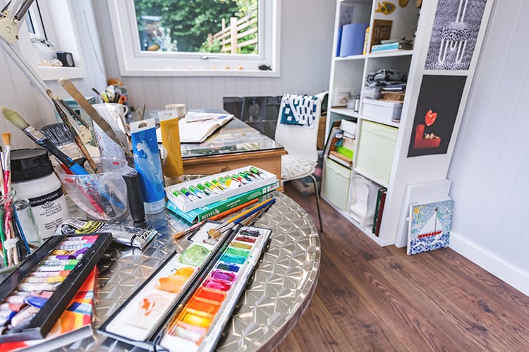 Interior of an artist studio summerhouse room in garden