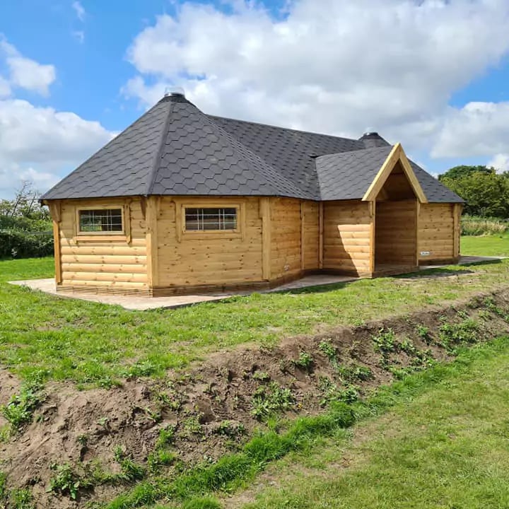 Happy Homestead Eco Nursery Forest School Outdoor Wooden Cabin with porch