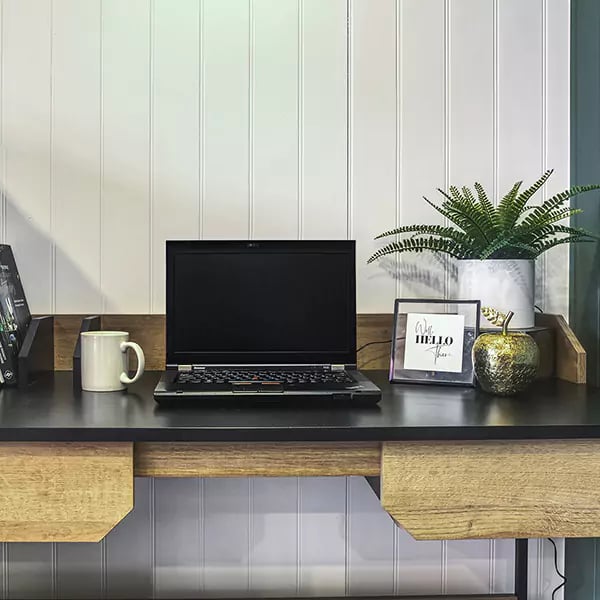 Office pod interior with desk set up