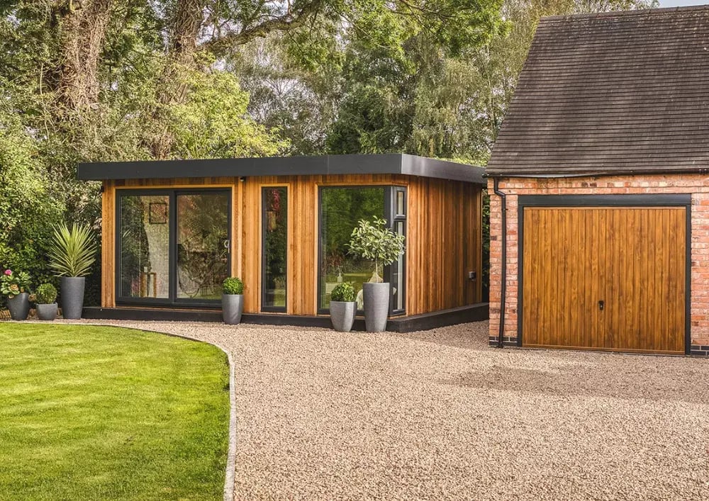 luxury garden office building with cedar cladding