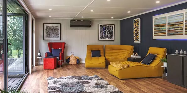 Interior design ideas for garden rooms, showing bright contemporary furniture