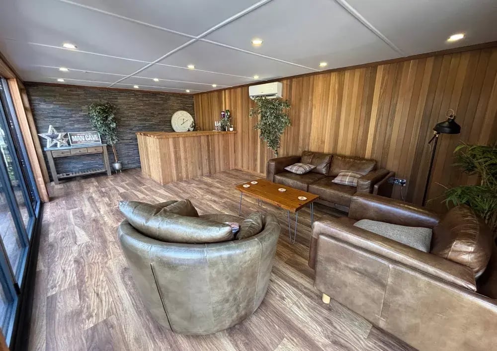 inside a large garden bar with cedar internal cladding