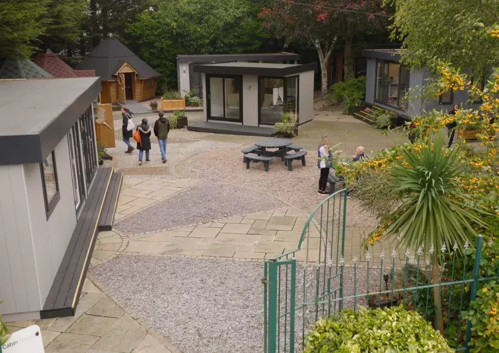 aerial shot of the nottingham cabin master garden room show site