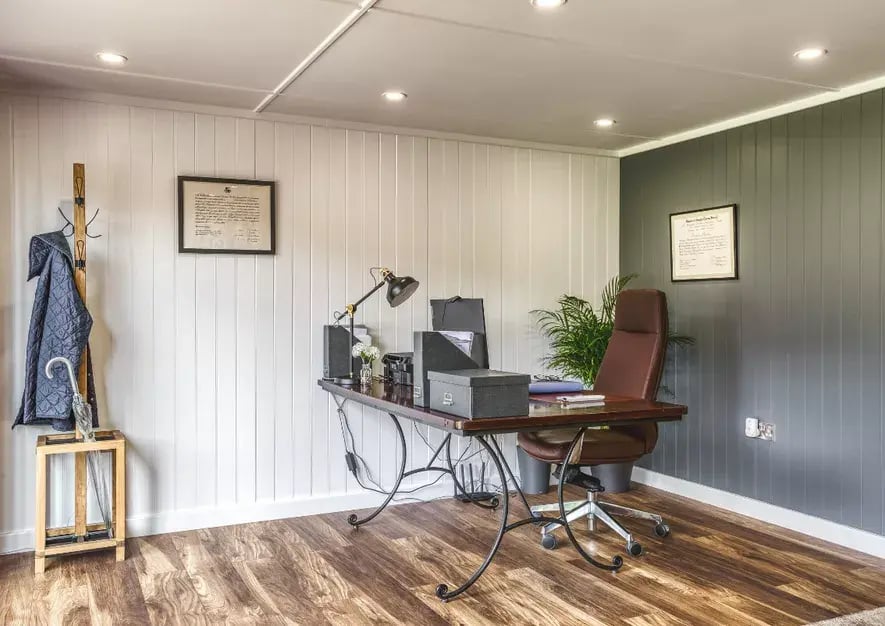 desk area inside a garden office