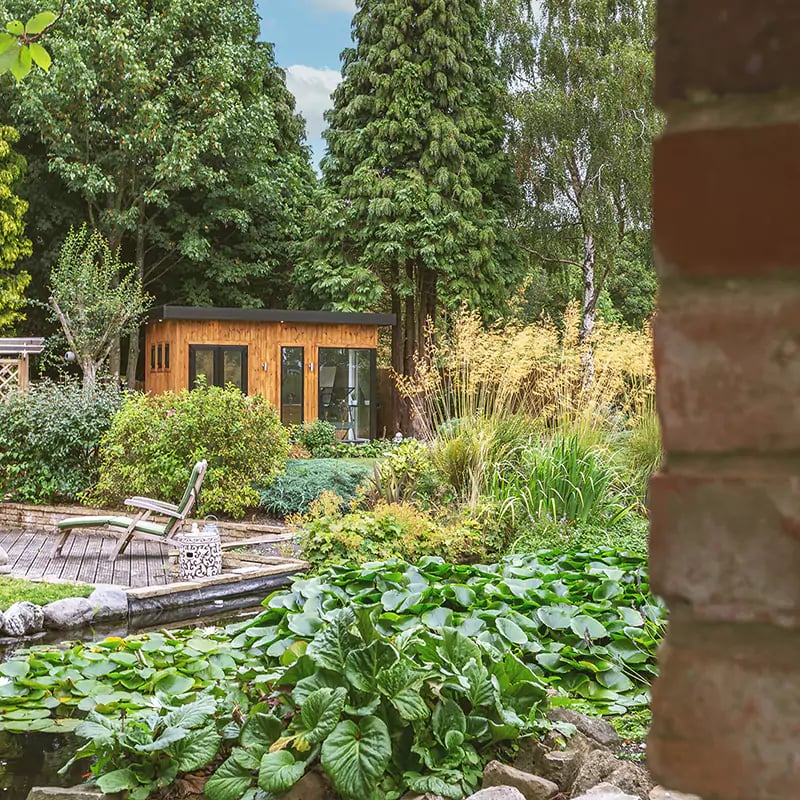 Redwood garden building side view with open doors and potted plant in front