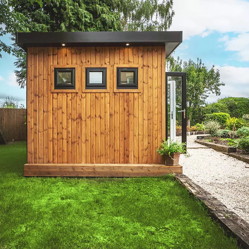 Exterior shot of a garden room with french doors