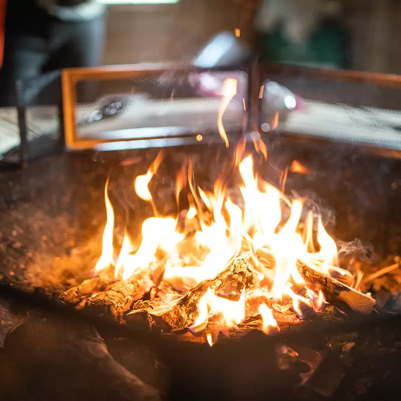 forest school cabin with fire