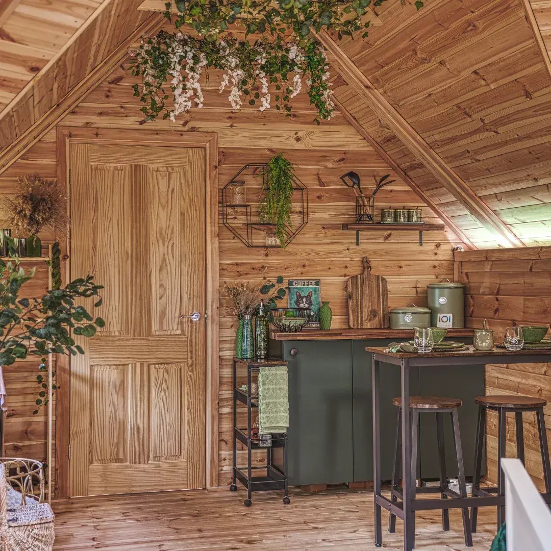 kitchen area inside glamping cabin