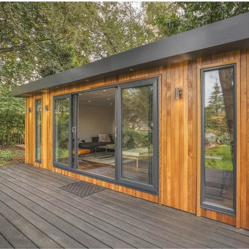 large garden cabin on decking