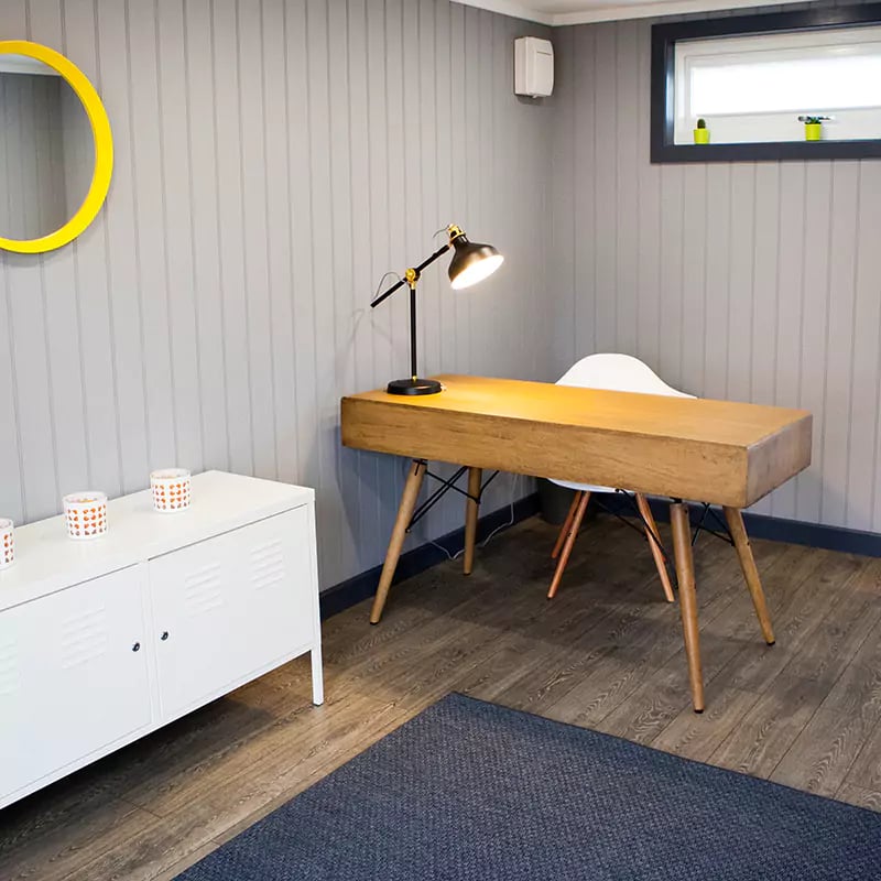 interior of a small garden office pod