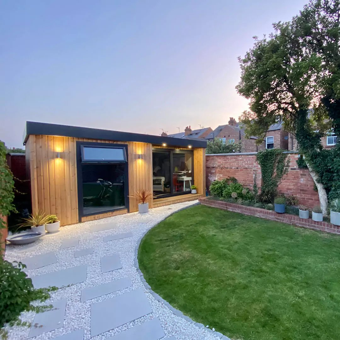 garden tattoo cabin at dusk