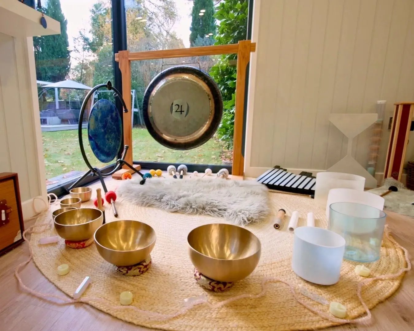 sound bath set up with gong