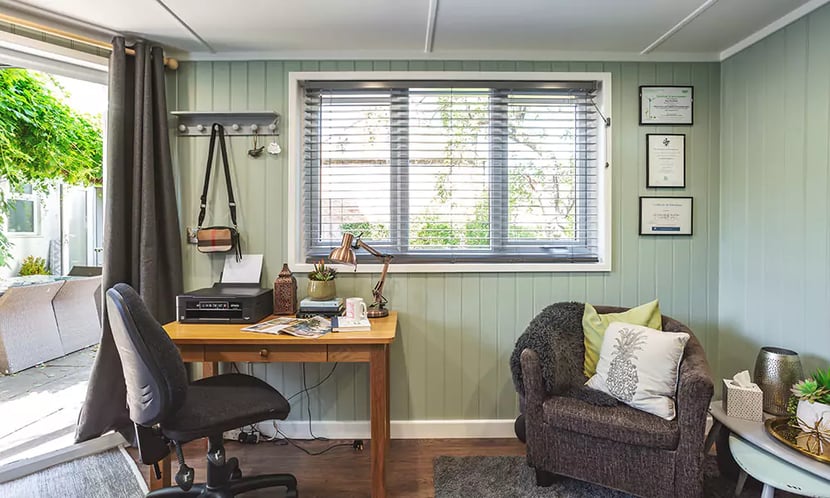 interior of a garden office with neutral decor