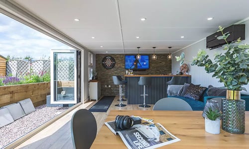 interior of a garden bar man cave with bright decor 