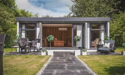 luxury garden bar with bifolds open