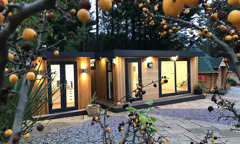 garden rooms showroom outside at dusk