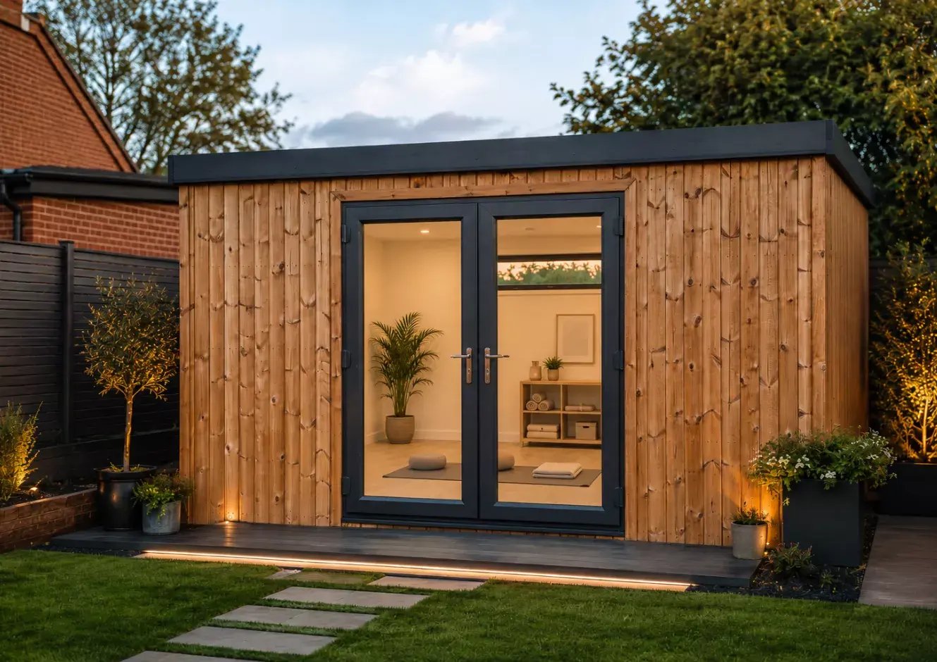 medium size garden studio lit up ast dusk