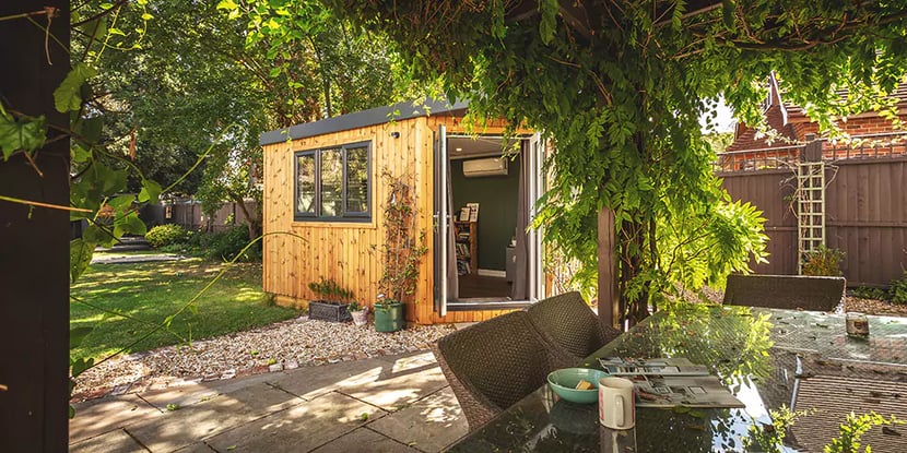 small garden room with venetian blinds closed 