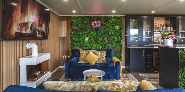 interior of a garden bar with a log burner inside