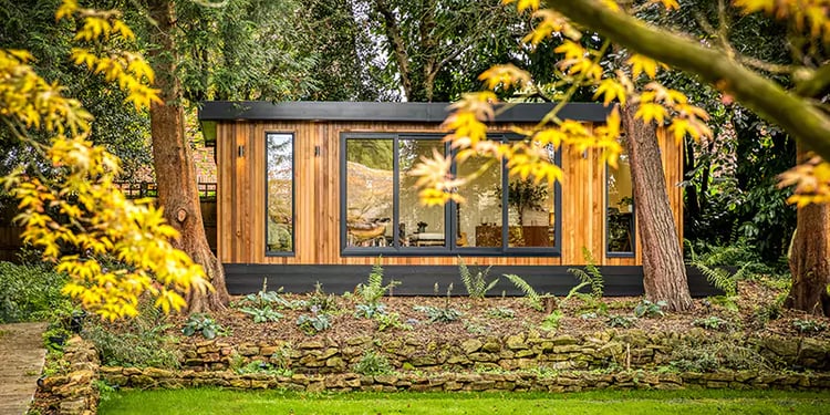 Garden shed office with bifold doors