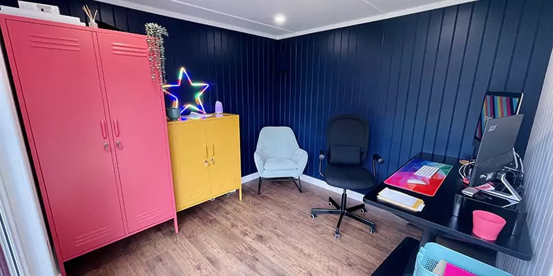 brightly coloured interior of a garden office