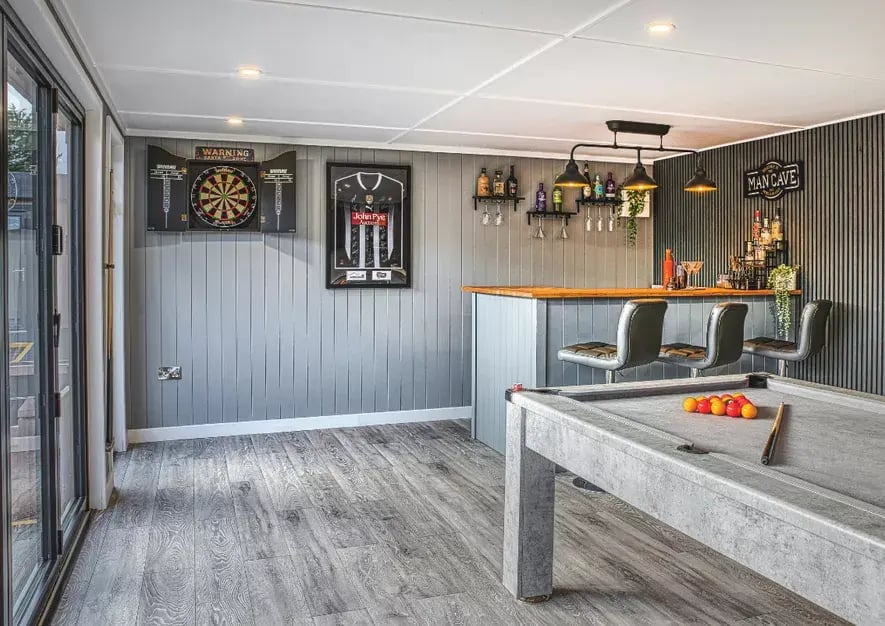 inside a garden bar with pool table