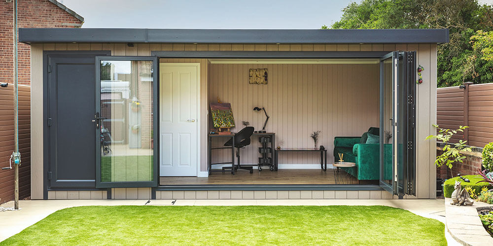 Large garden office with shed with open bifold doors