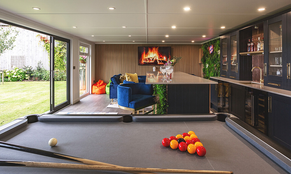 Garden man cave shed with pool table