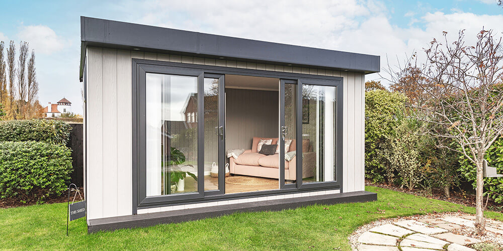 Insulated garden office in light grey cladding