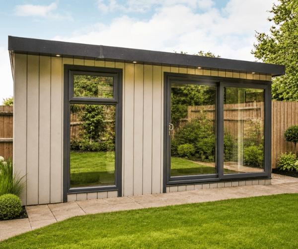 Maintenance free garden room with sliding doors and floor length windows