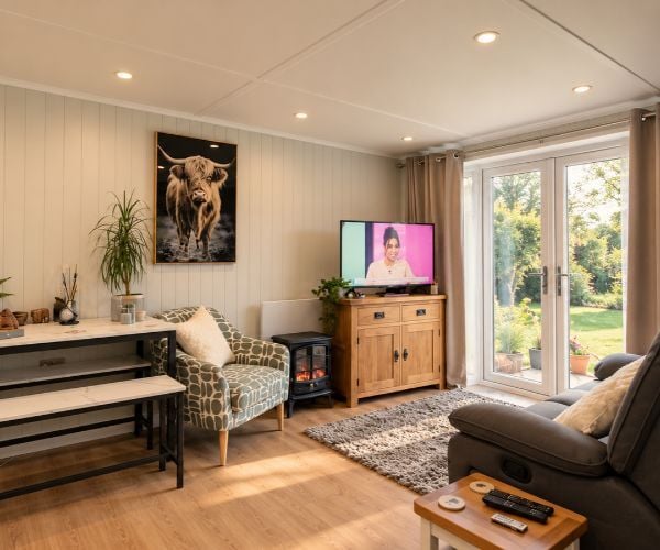 Cosy garden annexe lounge featuring a grey reclining sofa, patterned armchair, compact dining area, electric fireplace and glazed double doors overlooking the garden.