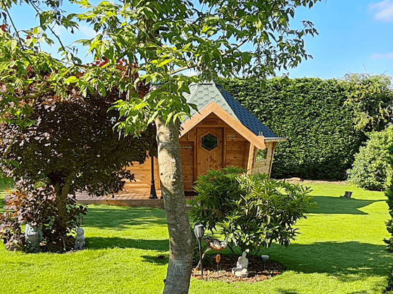 bbq cabin surrounded by trees
