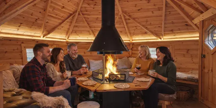 people gathered around grillinside arctic cabin