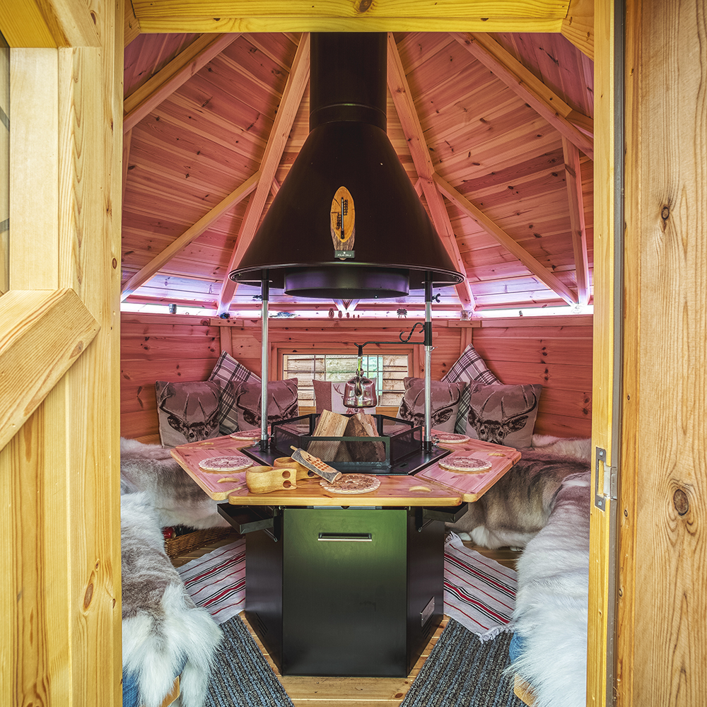 Looking into the open doors of a bbq cabin