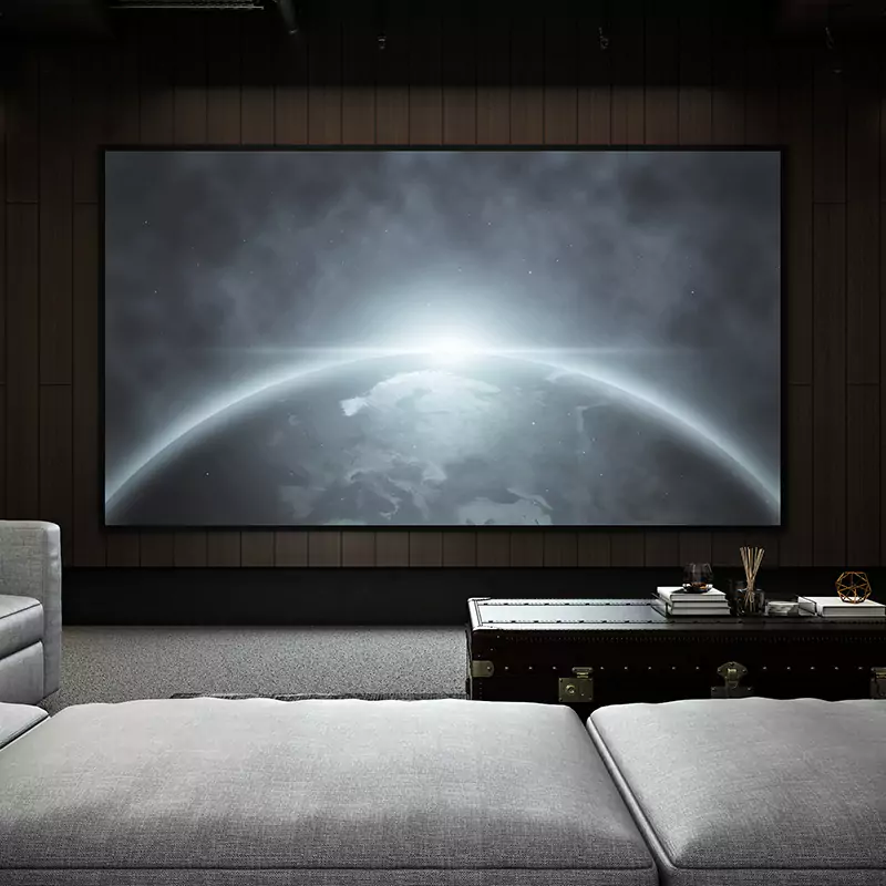 square on shot of large tv inside a home cinema room