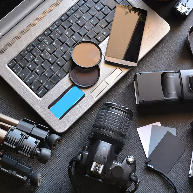 close up top-down image of photography equipment