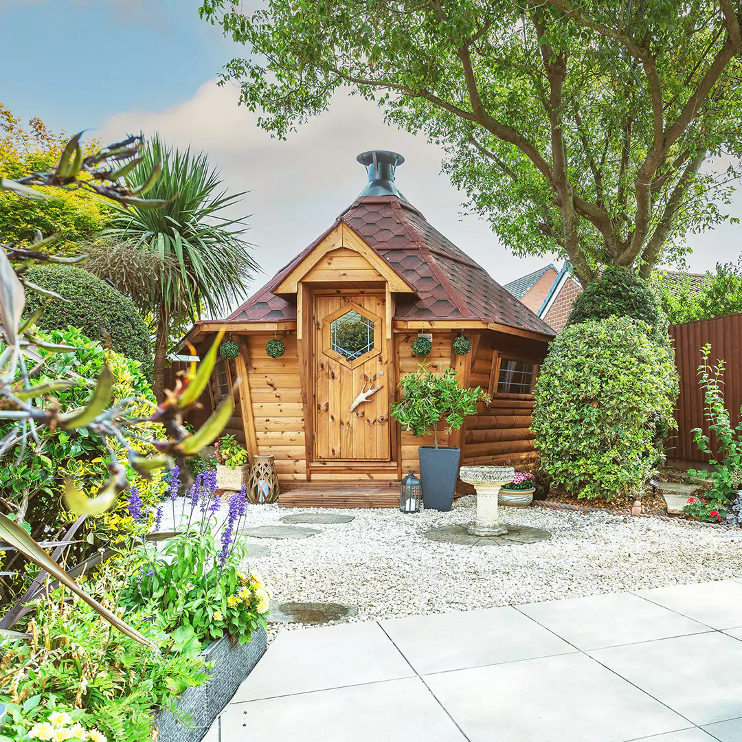 Arctic Cabins BBQ hut in lovely neat garden, with cute path