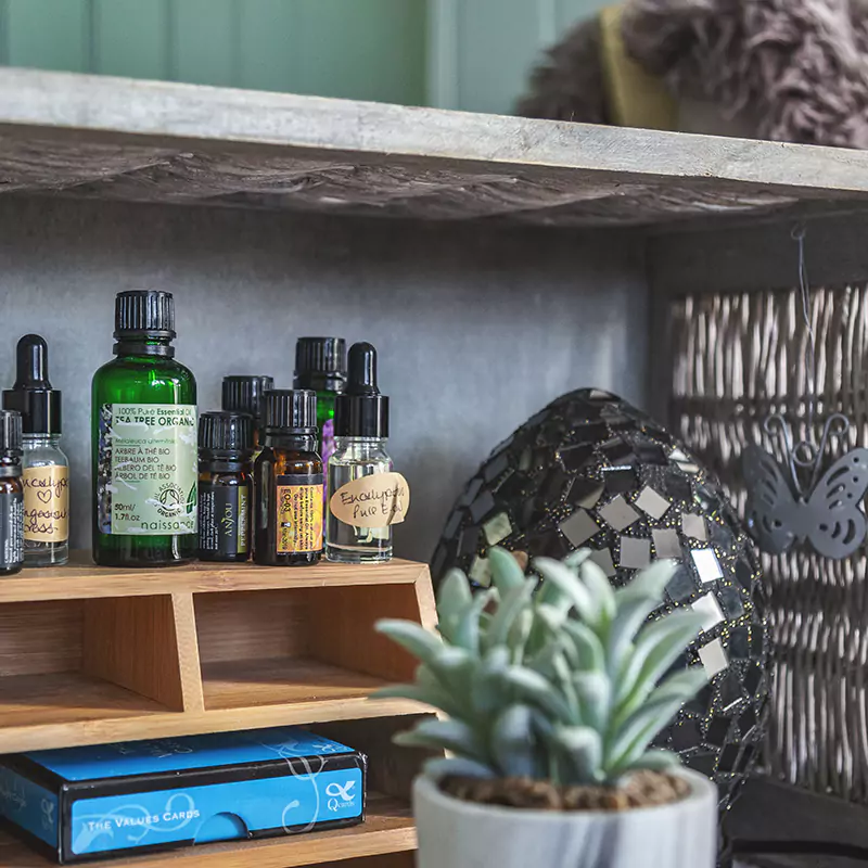 shelves with books & essential oils