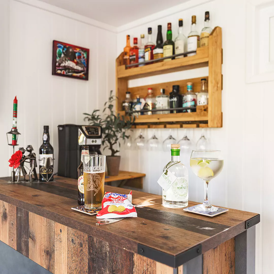 Inside a garden bar ideas with bar and drinks rack
