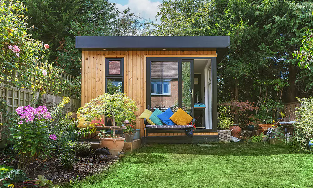 timber micro office with seating outside