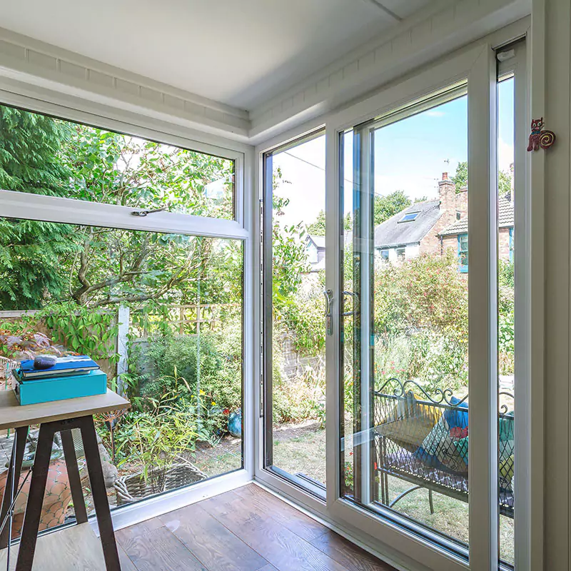 view looking out from a a garden office into garden