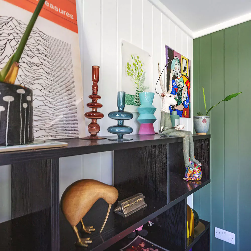 inside view of garden office building with indoor plants and trinkets and paraphernalia on shelving