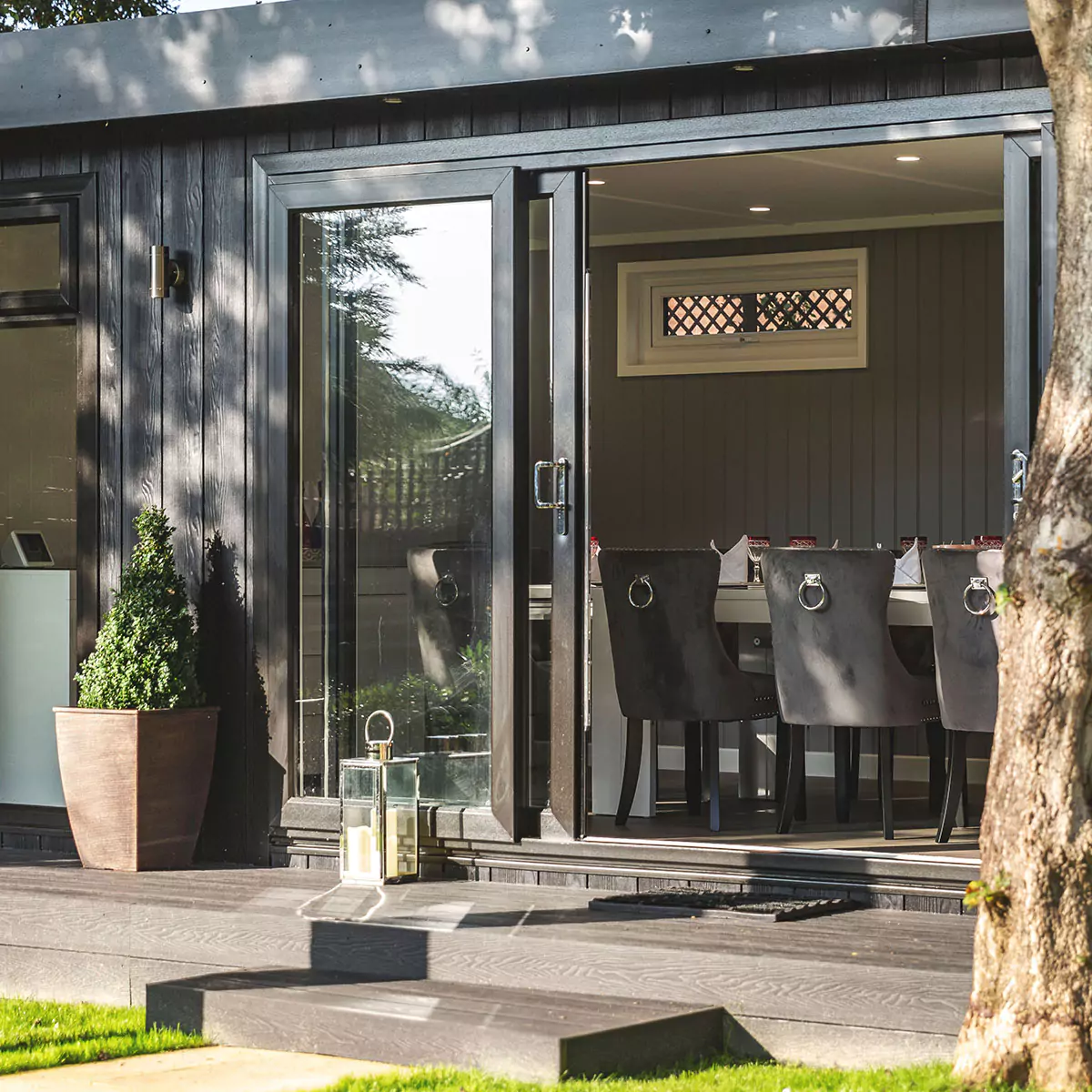 looking inside a garden room dining area