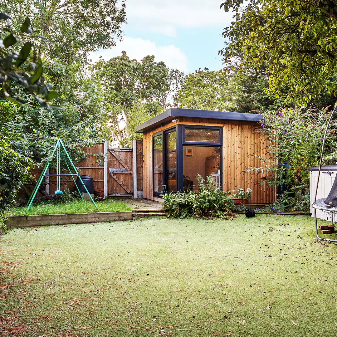 Small redwood garden office with fern plant next to it